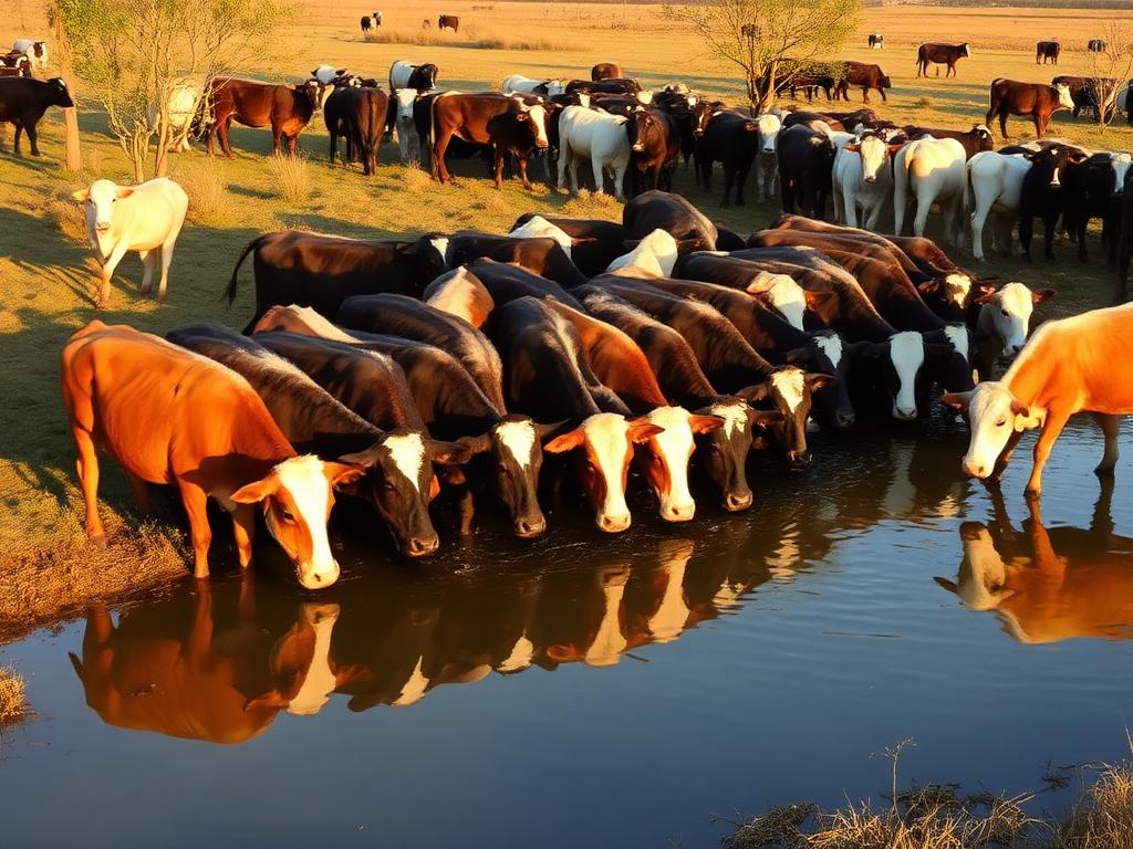 Rebanho bebendo água em açude natural ao final da tarde